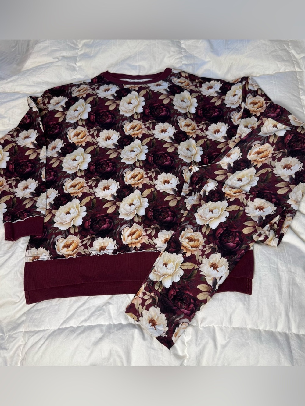 Women’s Bums & Roses 2Pc Burgundy Floral Peonies Bamboo Loungewear Pajama Set M